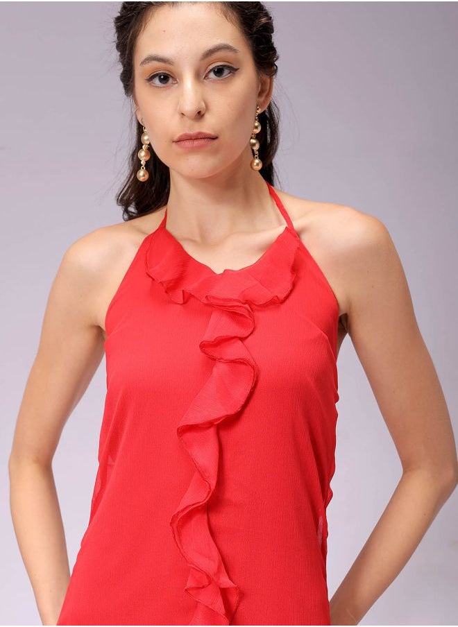 Women Fitted Party Wear Solid Ruffle Dress