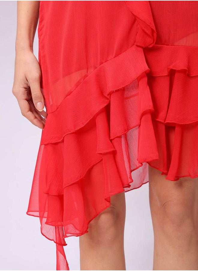 Women Fitted Party Wear Solid Ruffle Dress