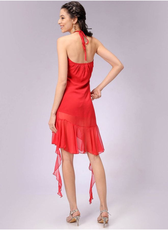 Women Fitted Party Wear Solid Ruffle Dress