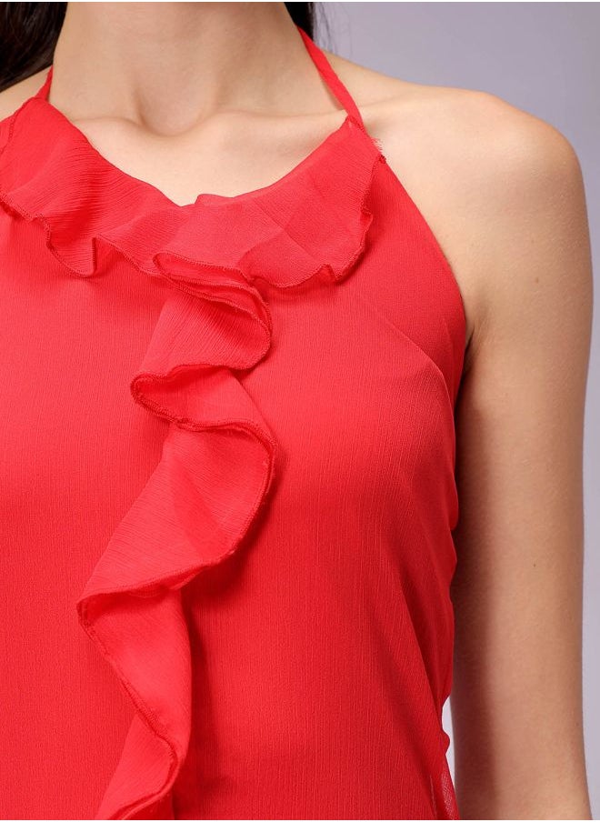 Women Fitted Party Wear Solid Ruffle Dress