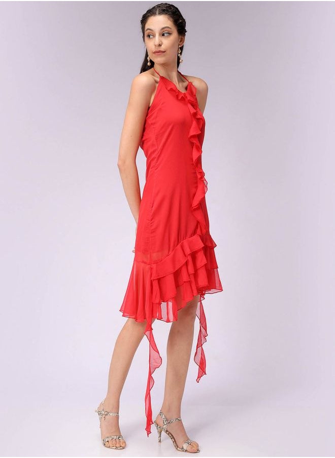 Women Fitted Party Wear Solid Ruffle Dress