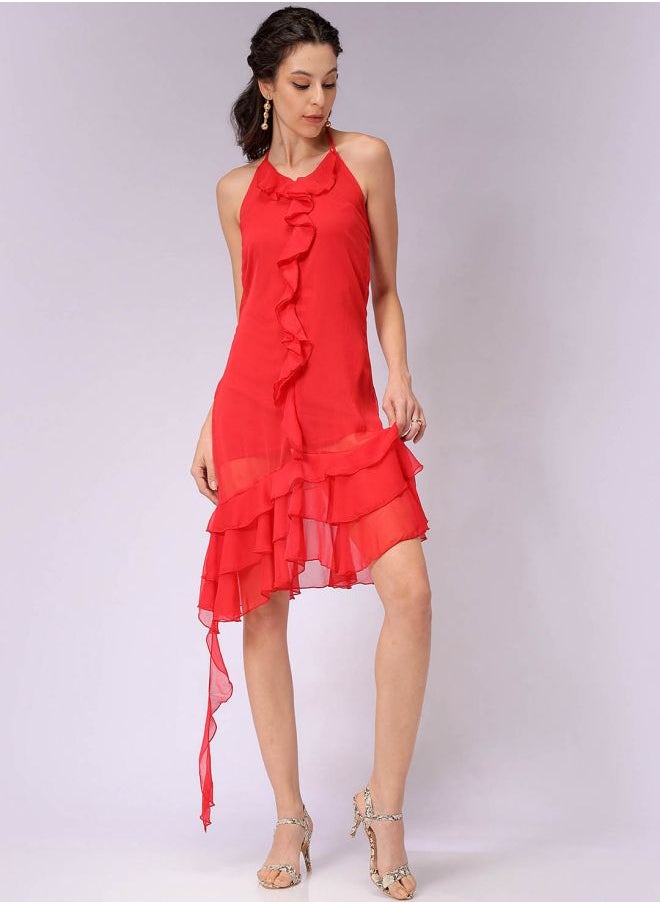 Women Fitted Party Wear Solid Ruffle Dress