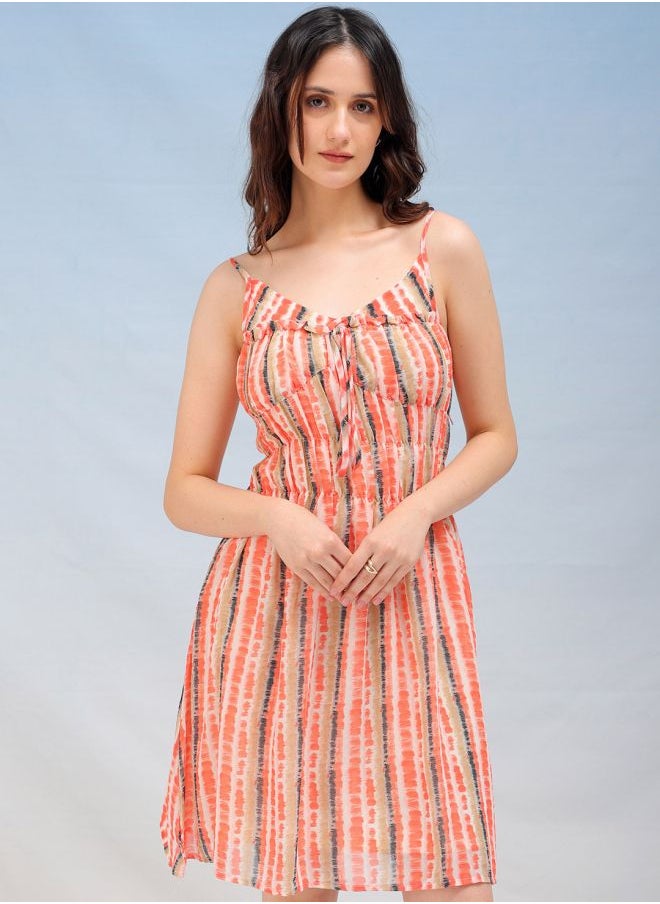 Women Fit and Flared Casual Tie & Dye Ruffle Dress