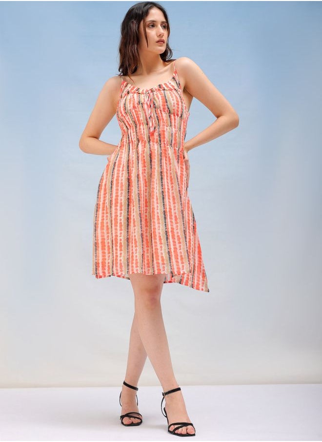 Women Fit and Flared Casual Tie & Dye Ruffle Dress