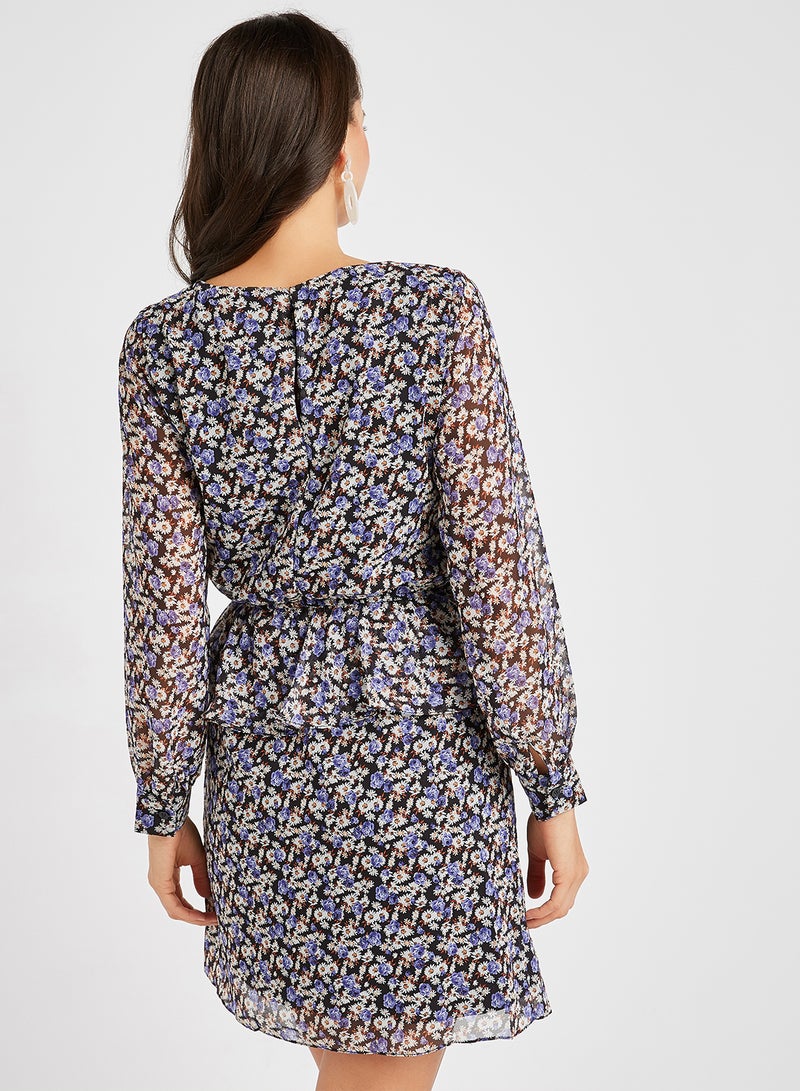 Ruffled Waist Floral Dress Multi Color