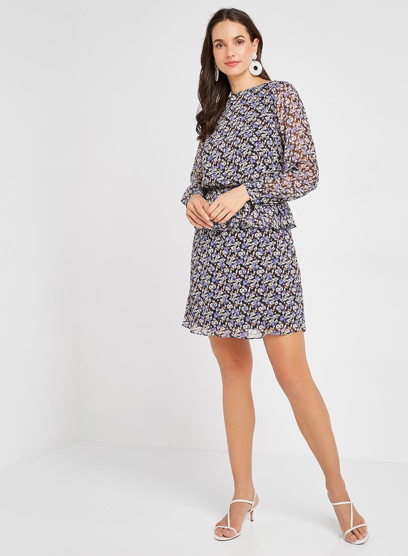 Ruffled Waist Floral Dress Multi Color