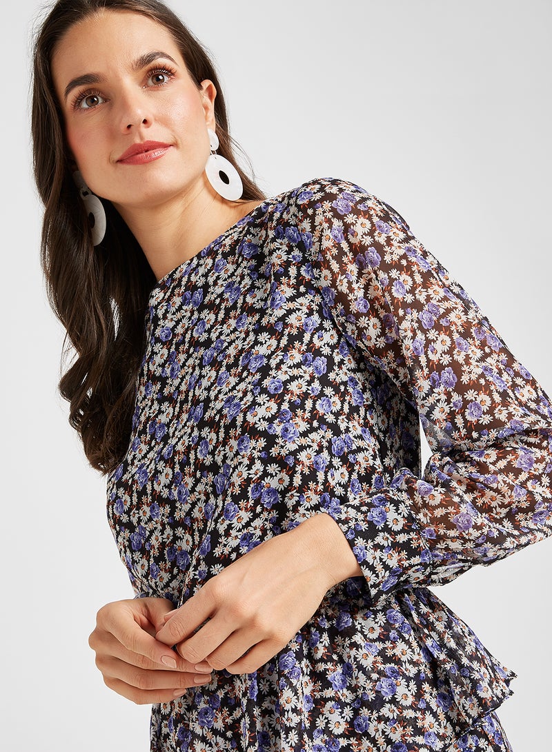 Ruffled Waist Floral Dress Multi Color