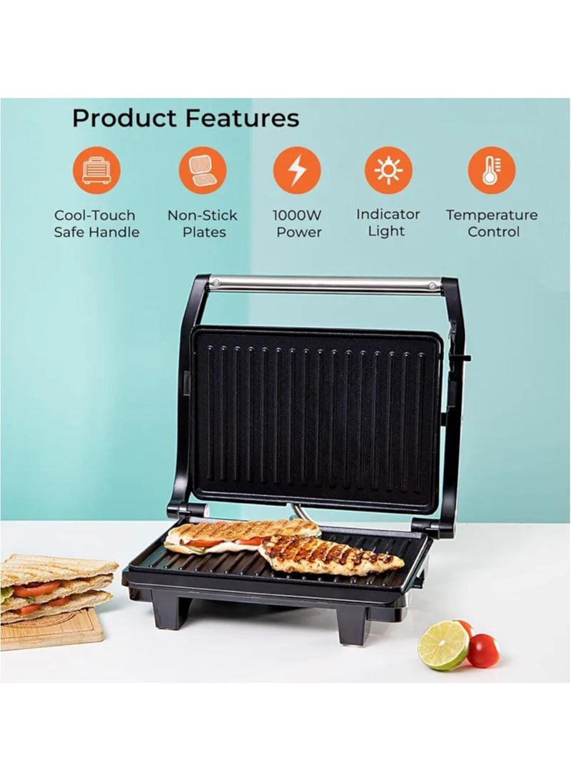 Contact Grill Maker – Non-Stick Plates, Stainless Steel Body, Cool Touch Handles | Power & Ready Indicators | Overheat Protection | Electric Sandwich & Panini Press Grill