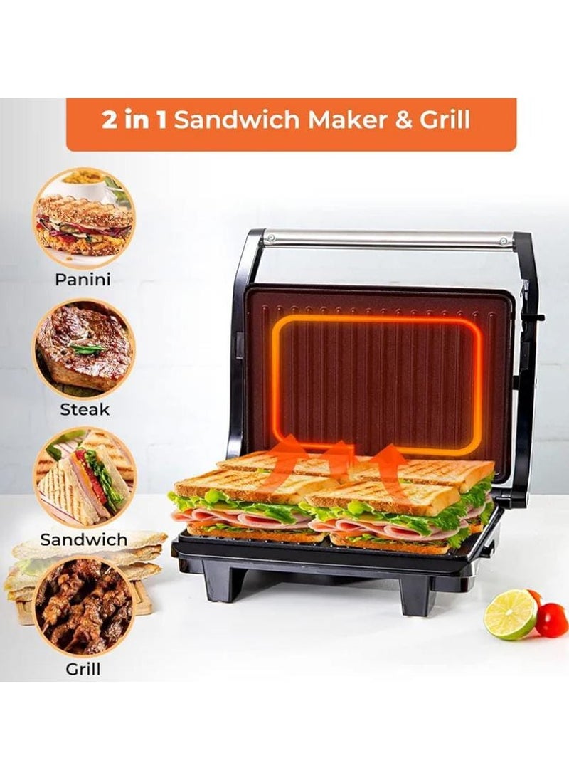 Contact Grill Maker – Non-Stick Plates, Stainless Steel Body, Cool Touch Handles | Power & Ready Indicators | Overheat Protection | Electric Sandwich & Panini Press Grill