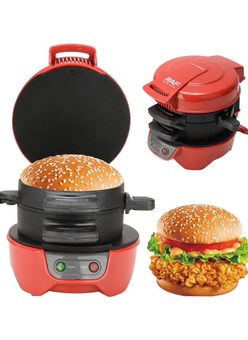 Sandwich Toaster & Burger Maker with Egg Rings and Timer – 750W Non-Stick Ceramic Heating Plates – Fast & Efficient for Sandwiches, Hamburgers, Breakfast – Easy to Clean