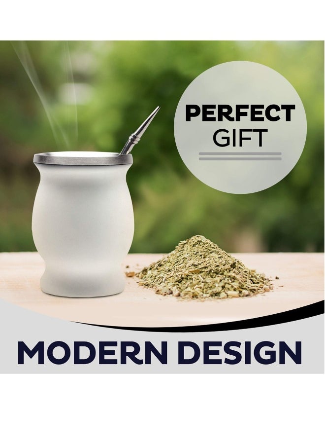 White Color Yerba Mate Tea Cup 230ml Stainless Steel Double Walled Easy Wash Household Insulation Cup Mate Gourds for Yerba Mate Loose Leaf Drinking with Bombilla Straw