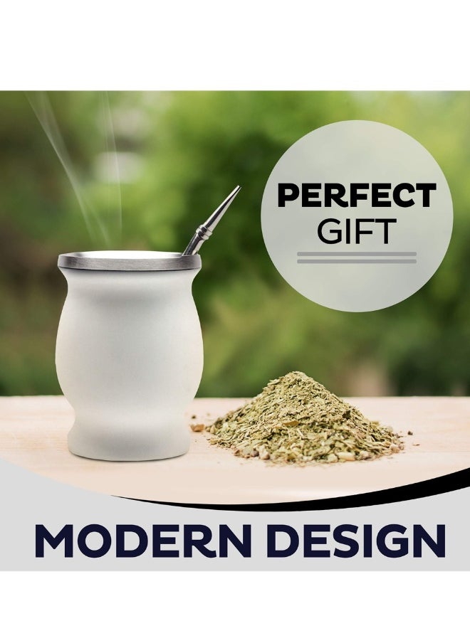 230ml White Color Yerba Mate Tea Cup Stainless Steel Double Walled Easy Wash Household Insulation Cup Mate Gourds for Yerba Mate Loose Leaf Drinking with Bombilla Straw