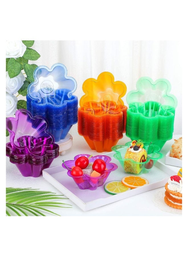 Plastic Ice Cream Bowls, 200 Pcs 8.5 oz Dessert Cups, Disposable Colorful Flower Shape Pudding Fruit Trifle Tasters Containers, for Sundae Chocolate Appetizers Shot Samplers Party Serving(4 colors*50)