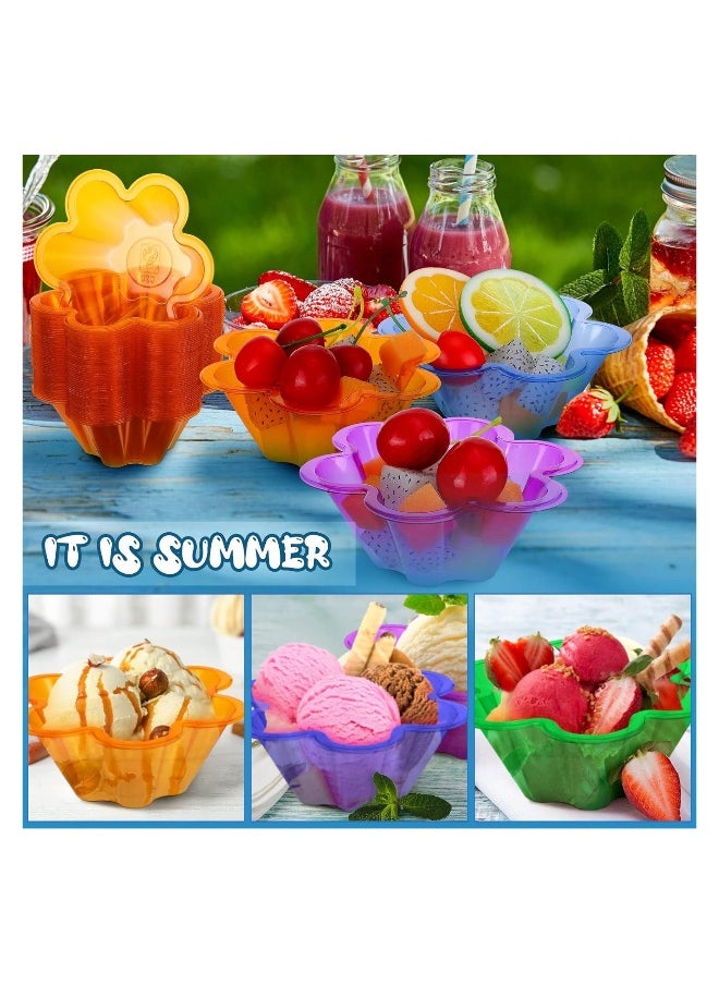 Plastic Ice Cream Bowls, 200 Pcs 8.5 oz Dessert Cups, Disposable Colorful Flower Shape Pudding Fruit Trifle Tasters Containers, for Sundae Chocolate Appetizers Shot Samplers Party Serving(4 colors*50)