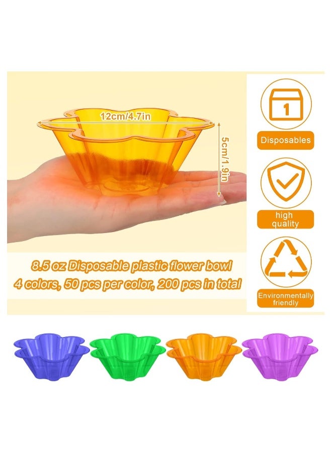 Plastic Ice Cream Bowls, 200 Pcs 8.5 oz Dessert Cups, Disposable Colorful Flower Shape Pudding Fruit Trifle Tasters Containers, for Sundae Chocolate Appetizers Shot Samplers Party Serving(4 colors*50)