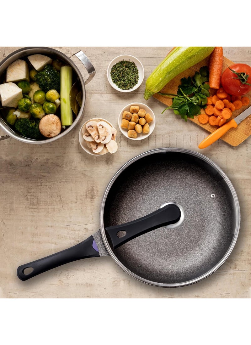 HOOPVOOL Nonstick Frying Pan Skillet 28CM 3Liter Saute Pan with Lid StayCool Handle Chef Pan Healthy Stone Cookware Cooking Pan Induction Compatible PFOA Free Black