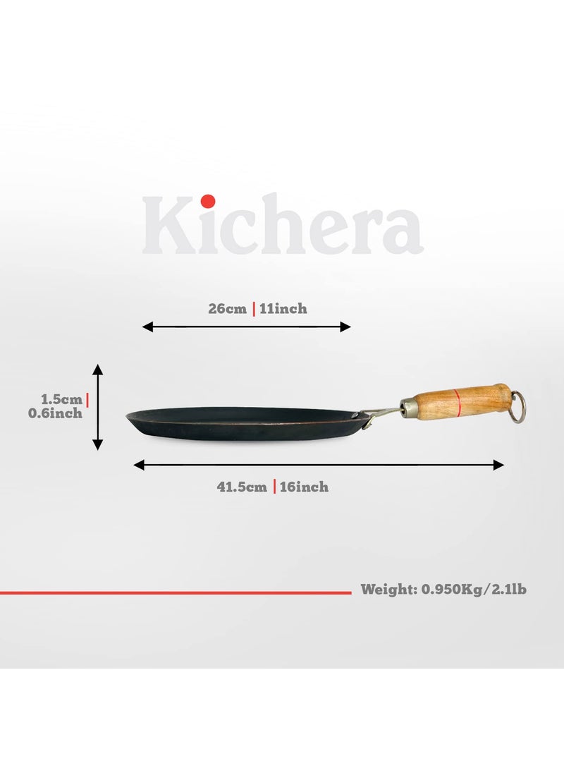 Kichera Pure Iron Fish Fry Pan with Wooden Handle Omlette Pan 28cm11 inch 095kg Gas Stove and Induction Friendly PreSeasoned Black Flat Sheet Metal Iron Tawa