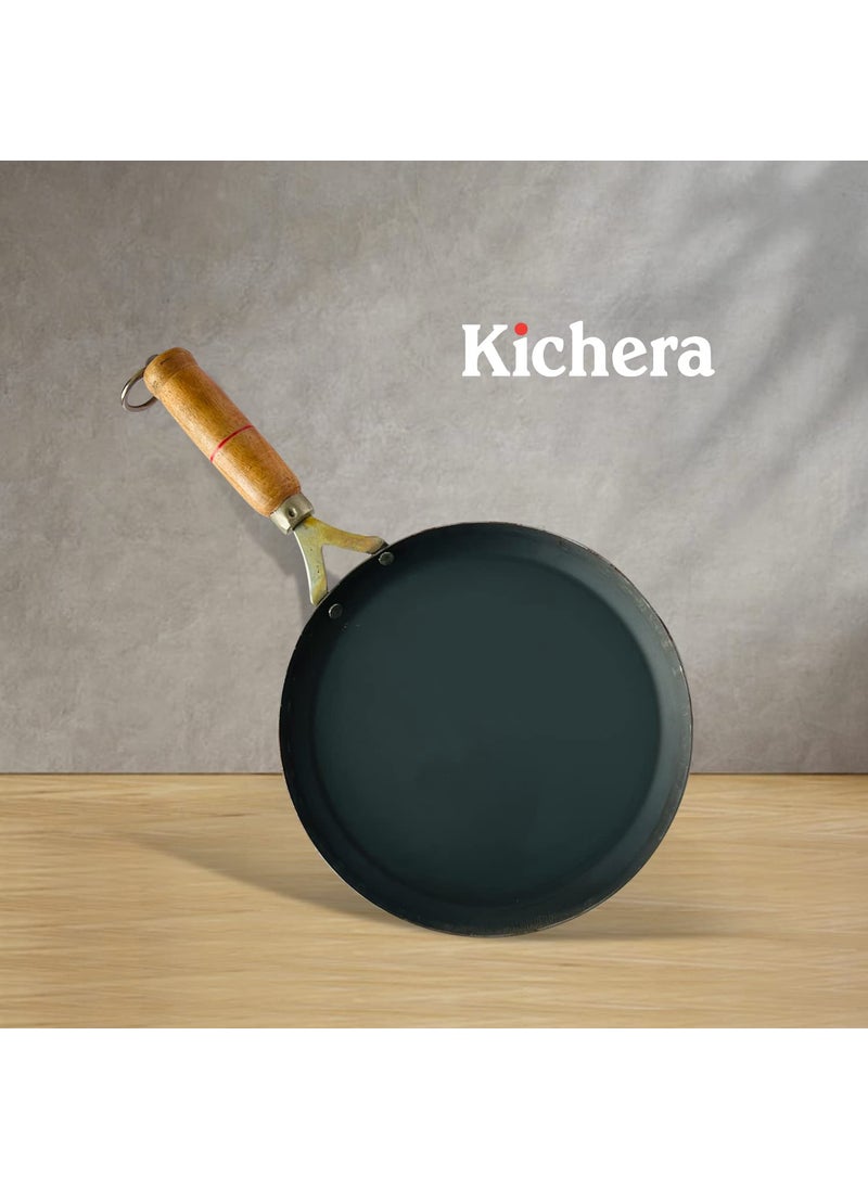 Kichera Pure Iron Fish Fry Pan with Wooden Handle Omlette Pan 28cm11 inch 095kg Gas Stove and Induction Friendly PreSeasoned Black Flat Sheet Metal Iron Tawa