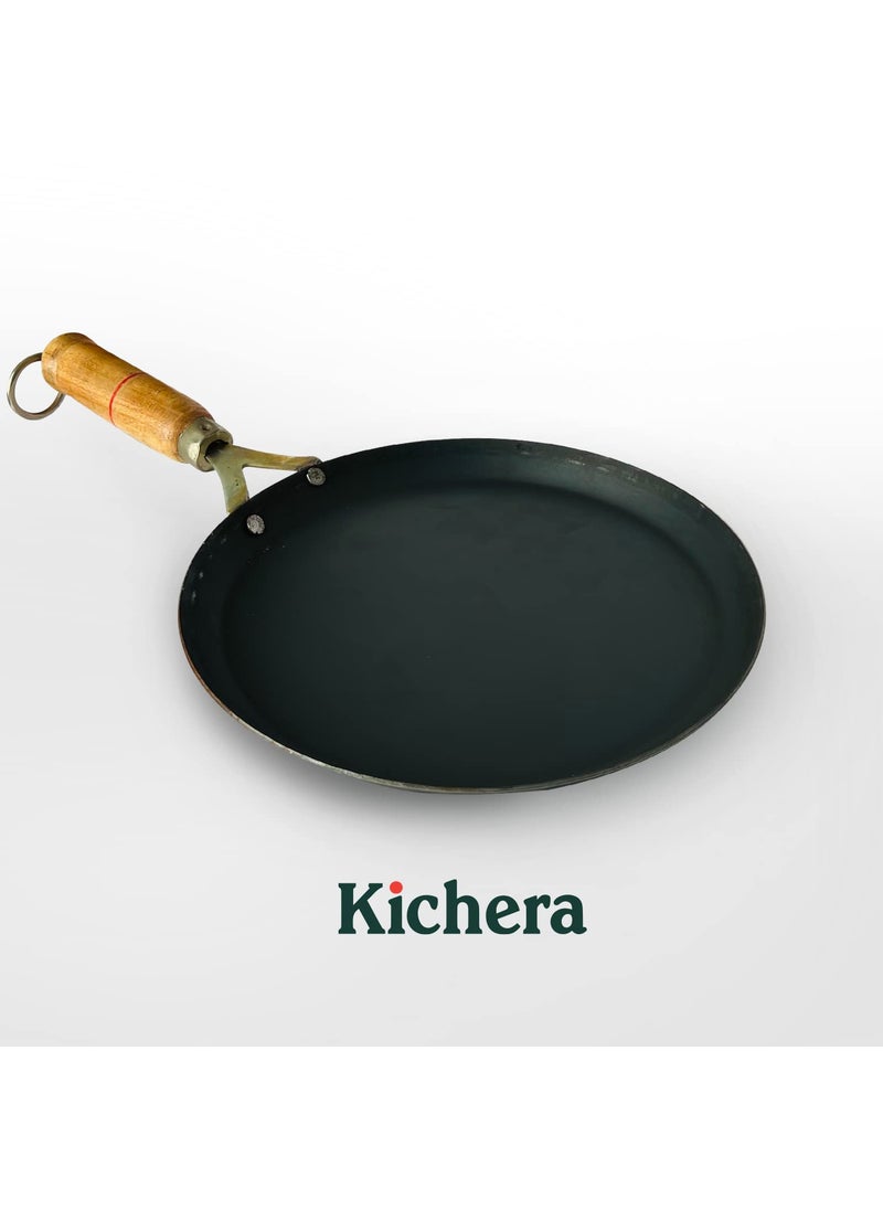 Kichera Pure Iron Fish Fry Pan with Wooden Handle Omlette Pan 28cm11 inch 095kg Gas Stove and Induction Friendly PreSeasoned Black Flat Sheet Metal Iron Tawa