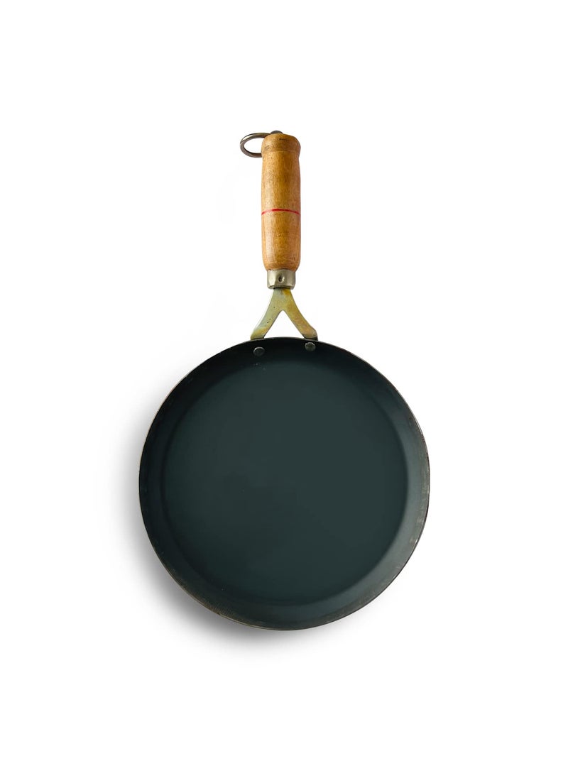 Kichera Pure Iron Fish Fry Pan with Wooden Handle Omlette Pan 28cm11 inch 095kg Gas Stove and Induction Friendly PreSeasoned Black Flat Sheet Metal Iron Tawa