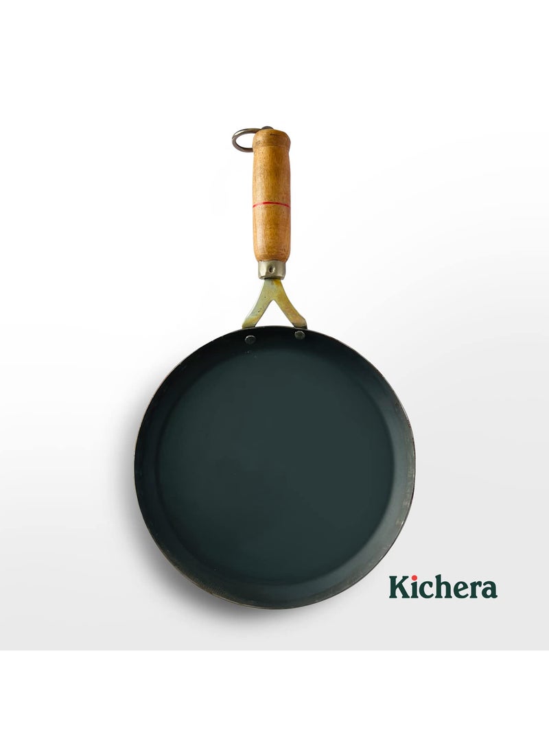 Kichera Pure Iron Fish Fry Pan with Wooden Handle Omlette Pan 28cm11 inch 095kg Gas Stove and Induction Friendly PreSeasoned Black Flat Sheet Metal Iron Tawa
