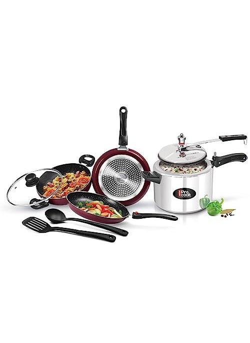 Milton Pro Cook Kitchen Jewel Set of 5 Fry Pan Kadhai with Lid Tawa Laddle and Spatula Peach Aluminium Induction Pressure Cooker 5L Induction Dishwasher Hot Plate Flame Safe NonStick