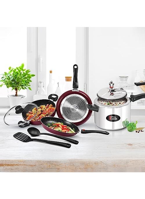 Milton Pro Cook Kitchen Jewel Set of 5 Fry Pan Kadhai with Lid Tawa Laddle and Spatula Peach Aluminium Induction Pressure Cooker 5L Induction Dishwasher Hot Plate Flame Safe NonStick