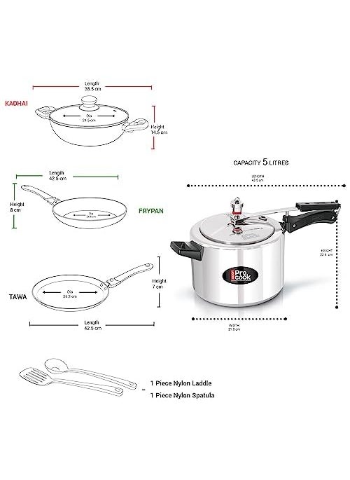 Milton Pro Cook Kitchen Jewel Set of 5 Fry Pan Kadhai with Lid Tawa Laddle and Spatula Peach Aluminium Induction Pressure Cooker 5L Induction Dishwasher Hot Plate Flame Safe NonStick