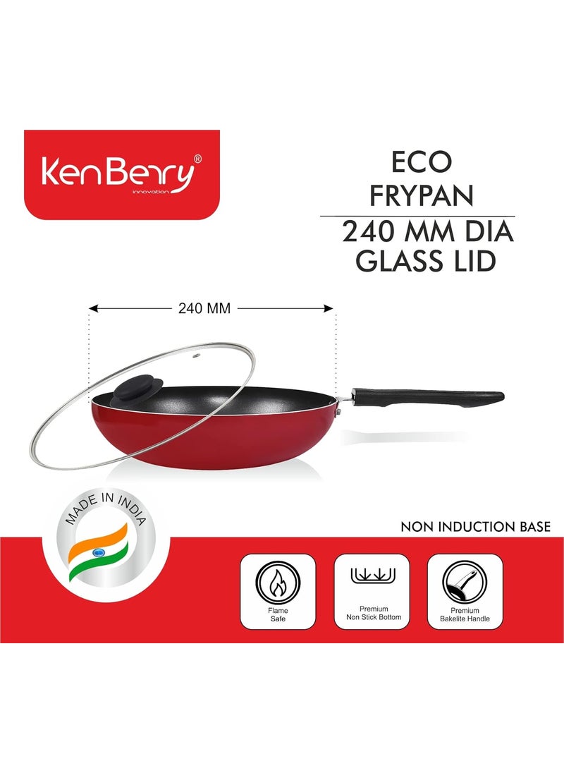 KenBerry Eco Fry Pan 240 mm Diameter with Glass Lid Aluminium Non Stick Cookware Frying Pan Essential Fry Pan 240 MM Diamtere Non Induction Base NonStick Glass Iid