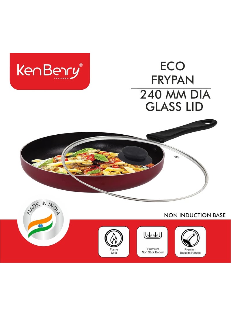 KenBerry Eco Fry Pan 240 mm Diameter with Glass Lid Aluminium Non Stick Cookware Frying Pan Essential Fry Pan 240 MM Diamtere Non Induction Base NonStick Glass Iid