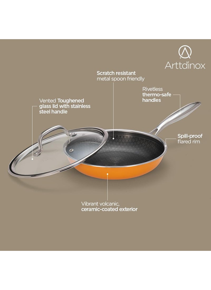 ARTTDINOX Vida Stainless Steel Triply Frypan with Lid 24 cm 18 LTR Etched nonstick PTFE Rivetless Handle Gas Induction Base 7 Yrs Warranty Jindal Stainless