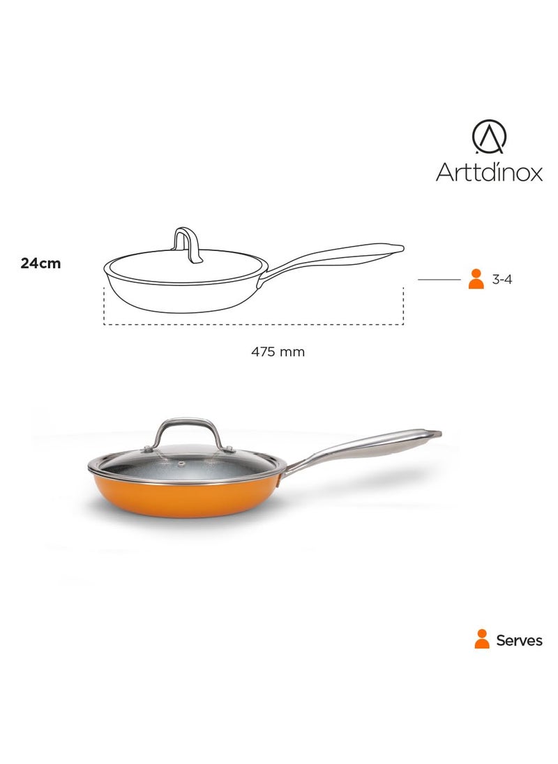 ARTTDINOX Vida Stainless Steel Triply Frypan with Lid 24 cm 18 LTR Etched nonstick PTFE Rivetless Handle Gas Induction Base 7 Yrs Warranty Jindal Stainless