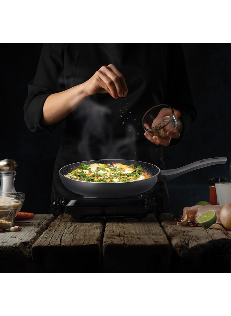 MILTON Pro cook Granito Fry Pan with Glass Lid 24 cm Frying Pan for StirFry Omlette Egg Pan Saut Fish Frypan NonStick Cookware Induction Gas Friendly 2 Years Warranty Black