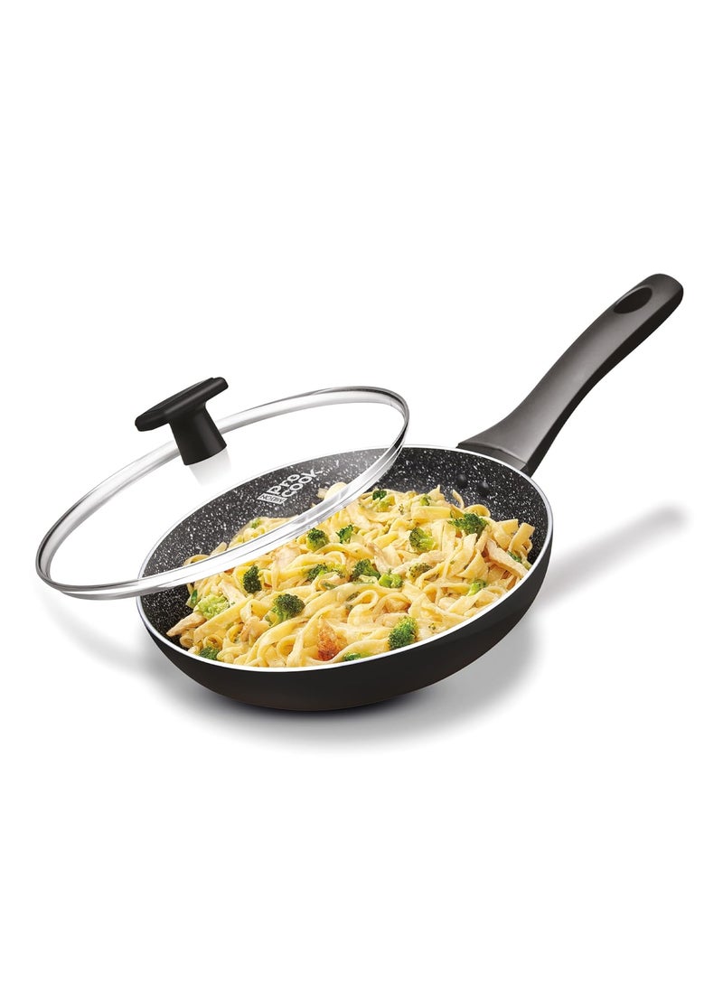 MILTON Pro cook Granito Fry Pan with Glass Lid 24 cm Frying Pan for StirFry Omlette Egg Pan Saut Fish Frypan NonStick Cookware Induction Gas Friendly 2 Years Warranty Black