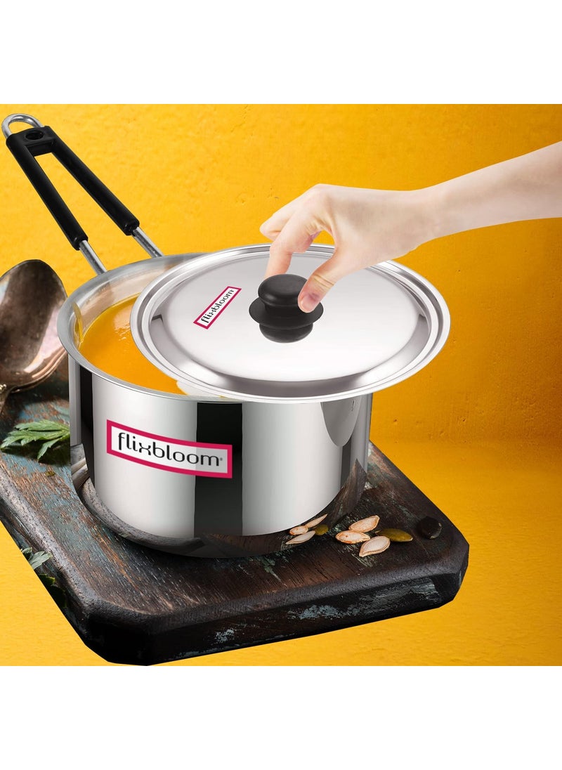 Flixbloom Longevity Stainess Steel Induction Base TRIPLYSadwich BottomLPG Friendly Deep Kitchen Cookware Utensil TeaMilkSauce Pan with Lid 2 Litre