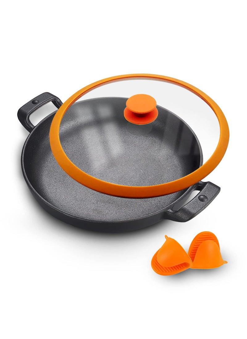 CountryCook PreSeasoned Cast Iron Frying Pan 26 cms with Glass Lid Induction Friendly NonToxic Enamel Free Cookware Black 26 cms