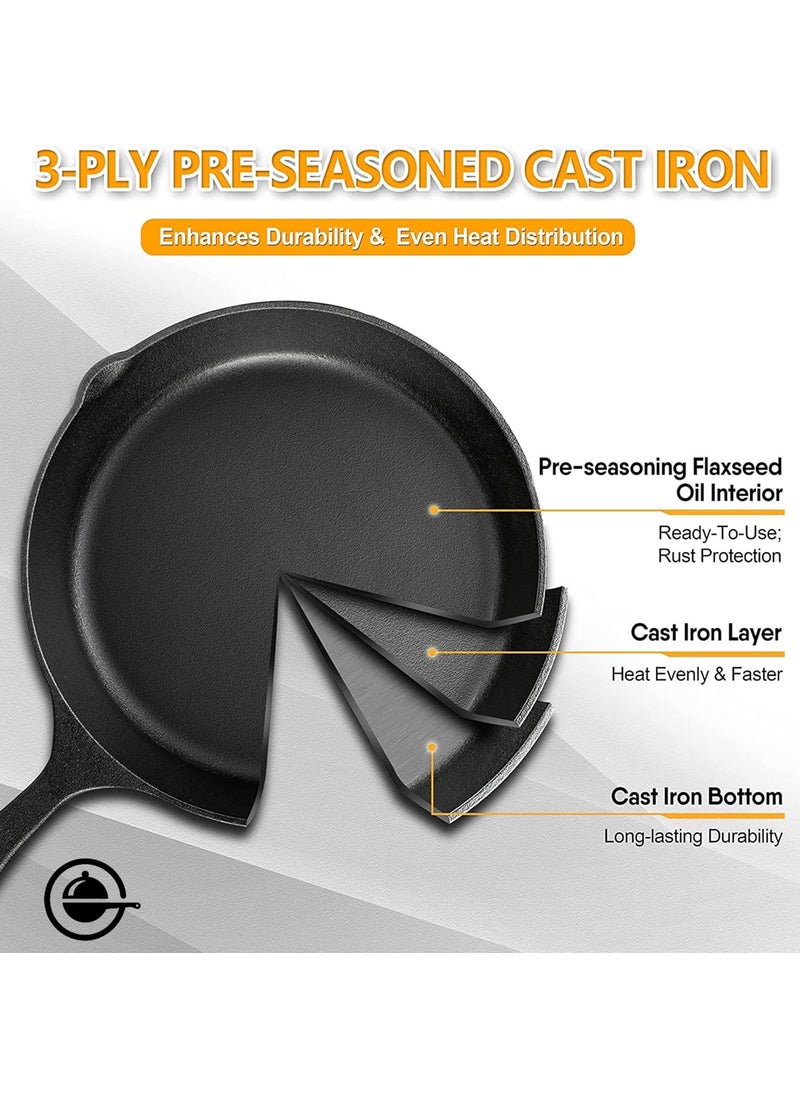 CountryCook PreSeasoned Cast Iron Frying Pan 26 cms with Glass Lid Induction Friendly NonToxic Enamel Free Cookware Black 26 cms