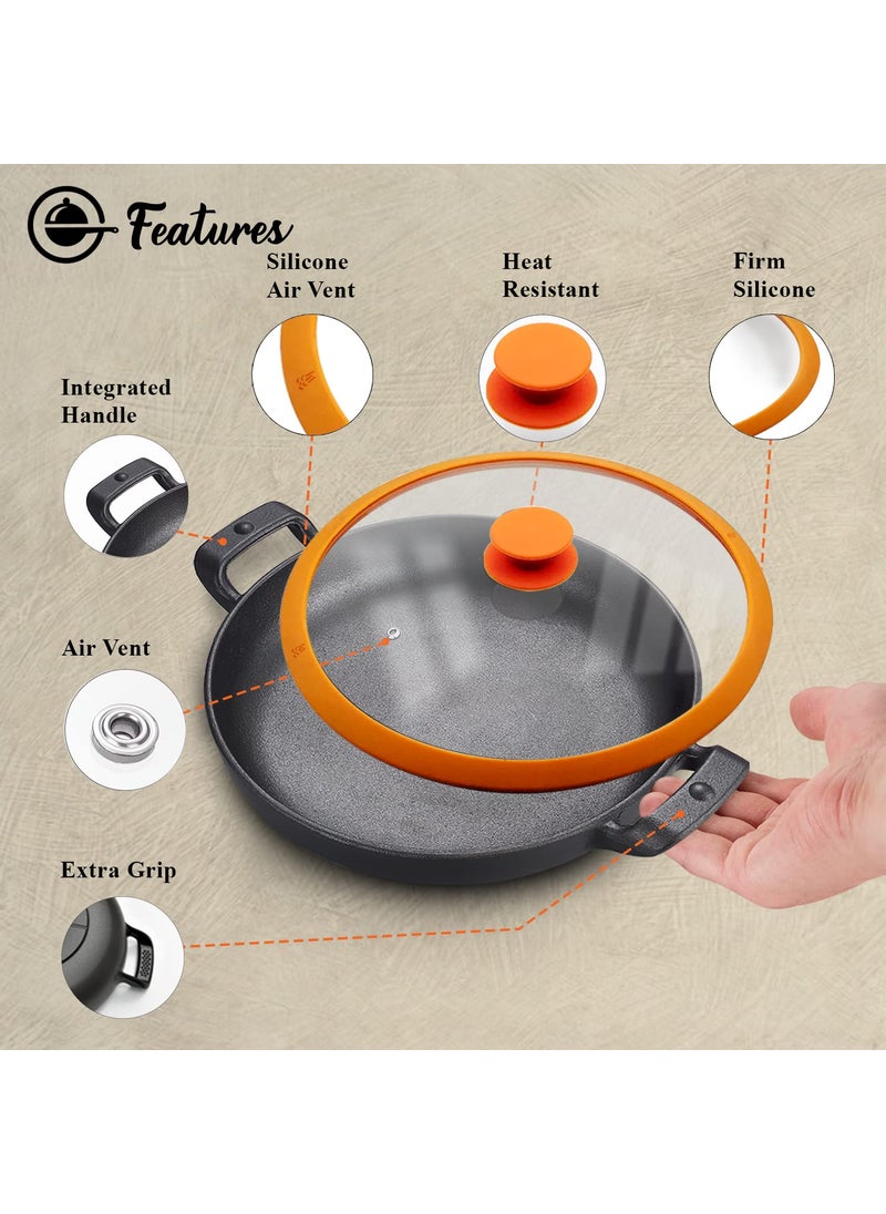 CountryCook PreSeasoned Cast Iron Frying Pan 26 cms with Glass Lid Induction Friendly NonToxic Enamel Free Cookware Black 26 cms