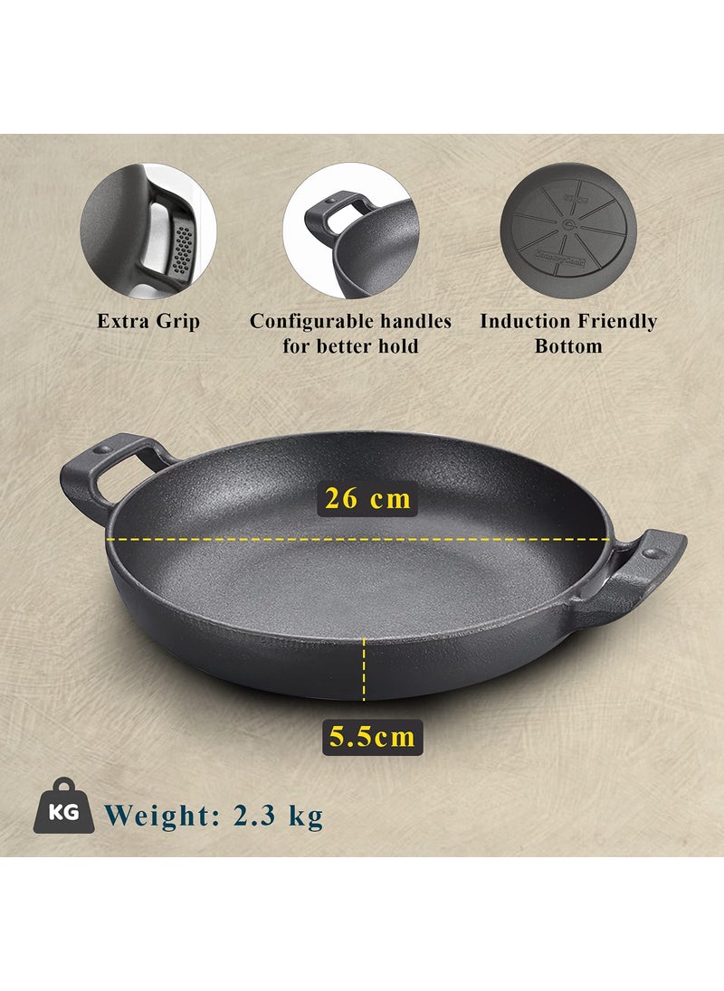 CountryCook PreSeasoned Cast Iron Frying Pan 26 cms with Glass Lid Induction Friendly NonToxic Enamel Free Cookware Black 26 cms