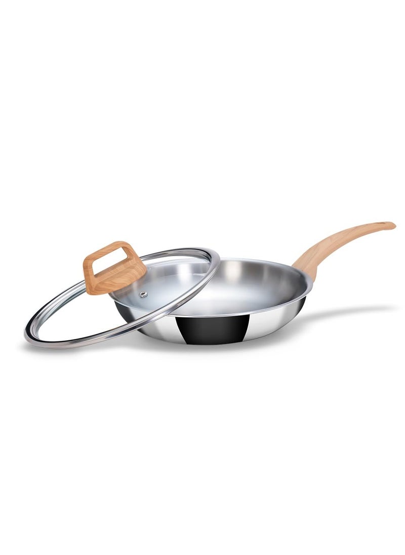 ARTTDINOX Timber Frying Pan Stainless Steel Steel Fry pan Wood Finished Handle Frying pan Pan with Lid Gas Induction Base 24cm18Ltr Jindal Stainless Silver
