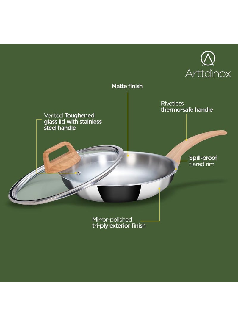 ARTTDINOX Timber Frying Pan Stainless Steel Steel Fry pan Wood Finished Handle Frying pan Pan with Lid Gas Induction Base 24cm18Ltr Jindal Stainless Silver
