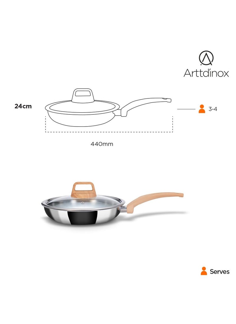 ARTTDINOX Timber Frying Pan Stainless Steel Steel Fry pan Wood Finished Handle Frying pan Pan with Lid Gas Induction Base 24cm18Ltr Jindal Stainless Silver