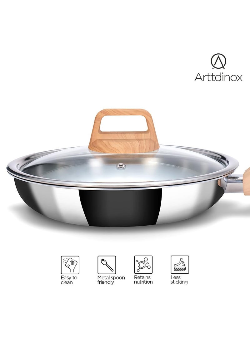 ARTTDINOX Timber Frying Pan Stainless Steel Steel Fry pan Wood Finished Handle Frying pan Pan with Lid Gas Induction Base 24cm18Ltr Jindal Stainless Silver