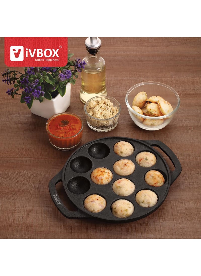ivbox Vintage 12Cavity Appam Maker Paniyaram Pan Patra Pan Cake Paddu Maker PreSeasoned Cast Iron Cookware Black