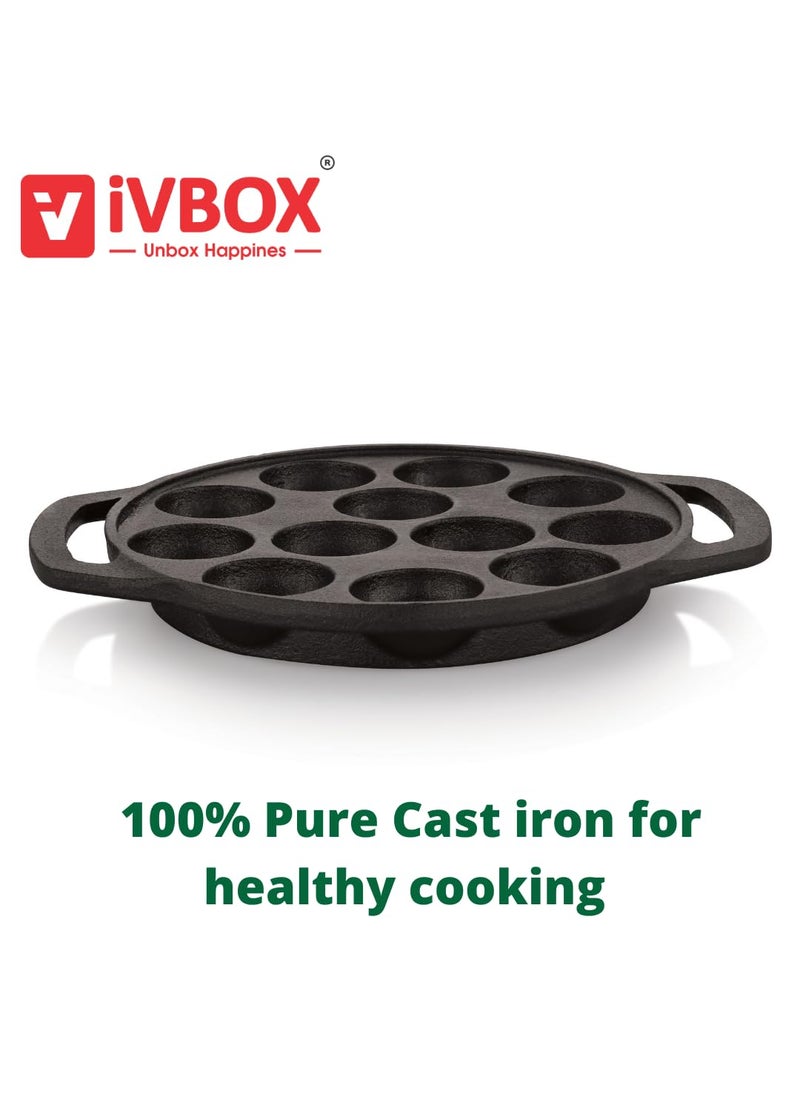 ivbox Vintage 12Cavity Appam Maker Paniyaram Pan Patra Pan Cake Paddu Maker PreSeasoned Cast Iron Cookware Black