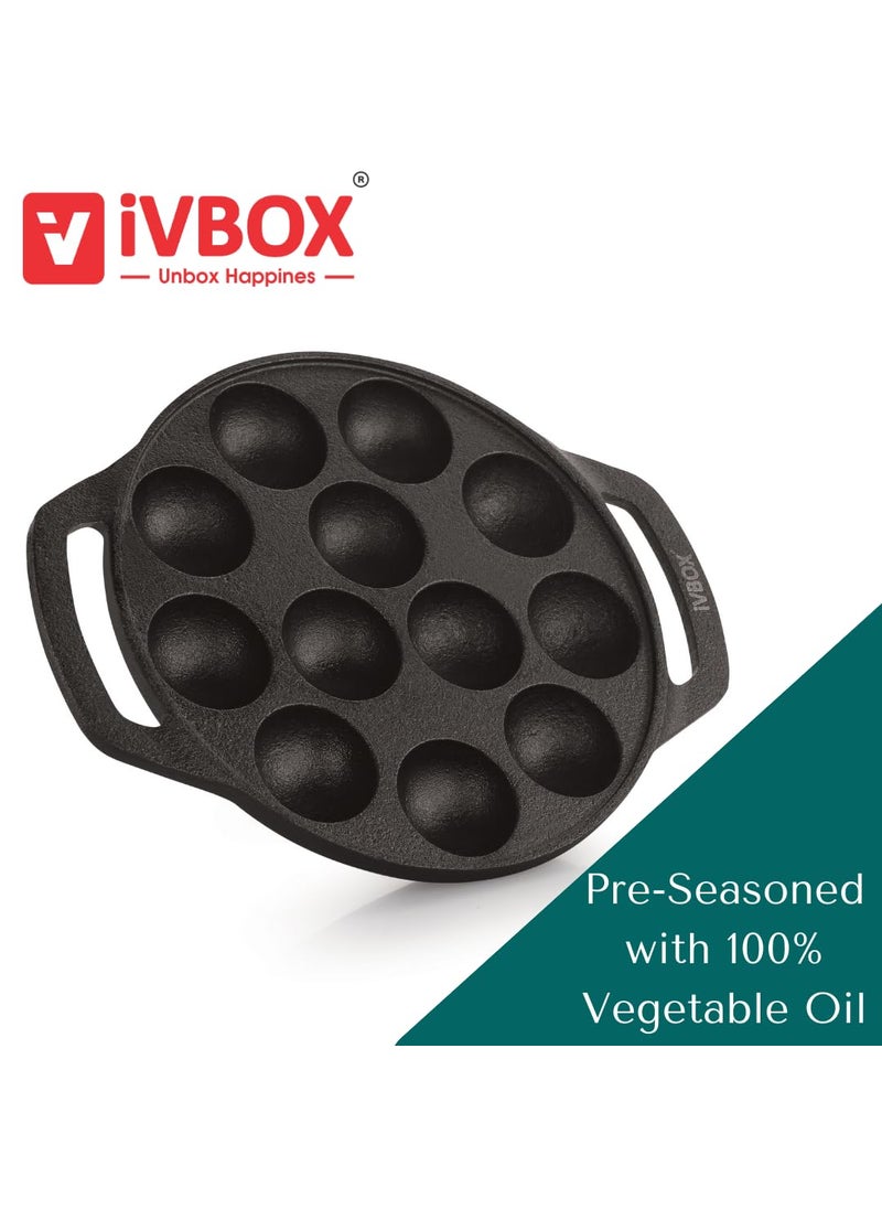 ivbox Vintage 12Cavity Appam Maker Paniyaram Pan Patra Pan Cake Paddu Maker PreSeasoned Cast Iron Cookware Black