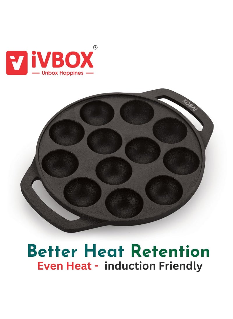 ivbox Vintage 12Cavity Appam Maker Paniyaram Pan Patra Pan Cake Paddu Maker PreSeasoned Cast Iron Cookware Black