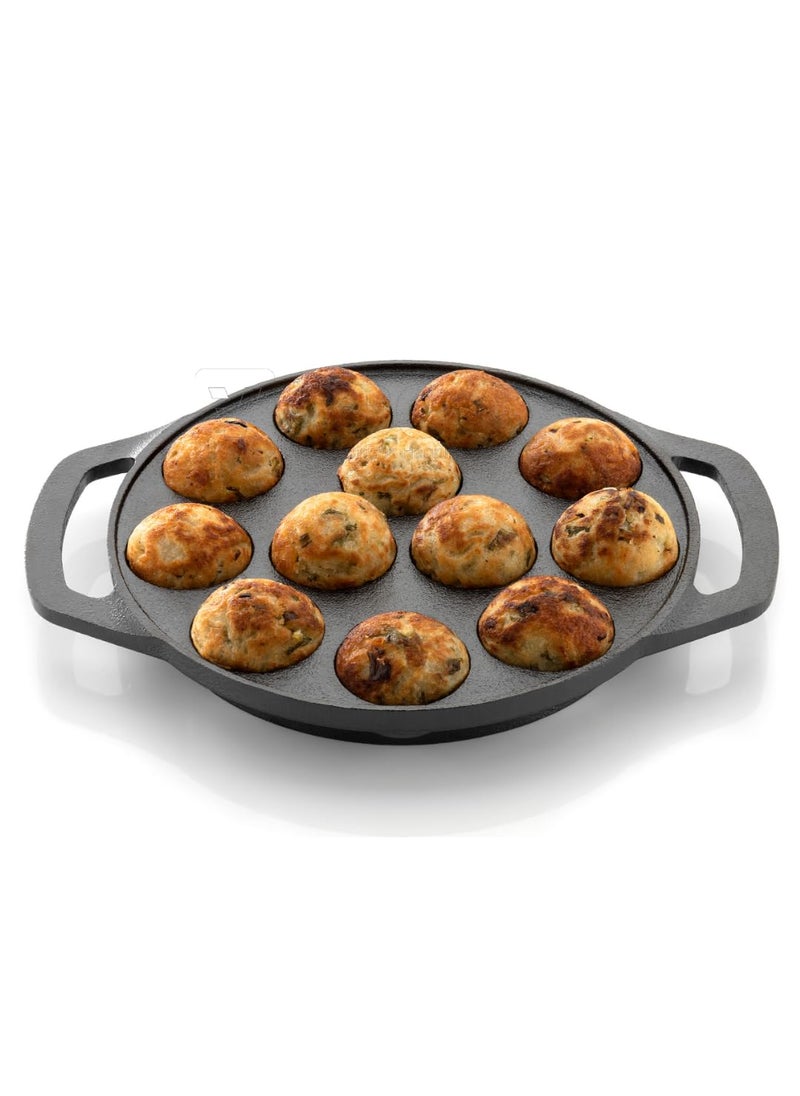 ivbox Vintage 12Cavity Appam Maker Paniyaram Pan Patra Pan Cake Paddu Maker PreSeasoned Cast Iron Cookware Black