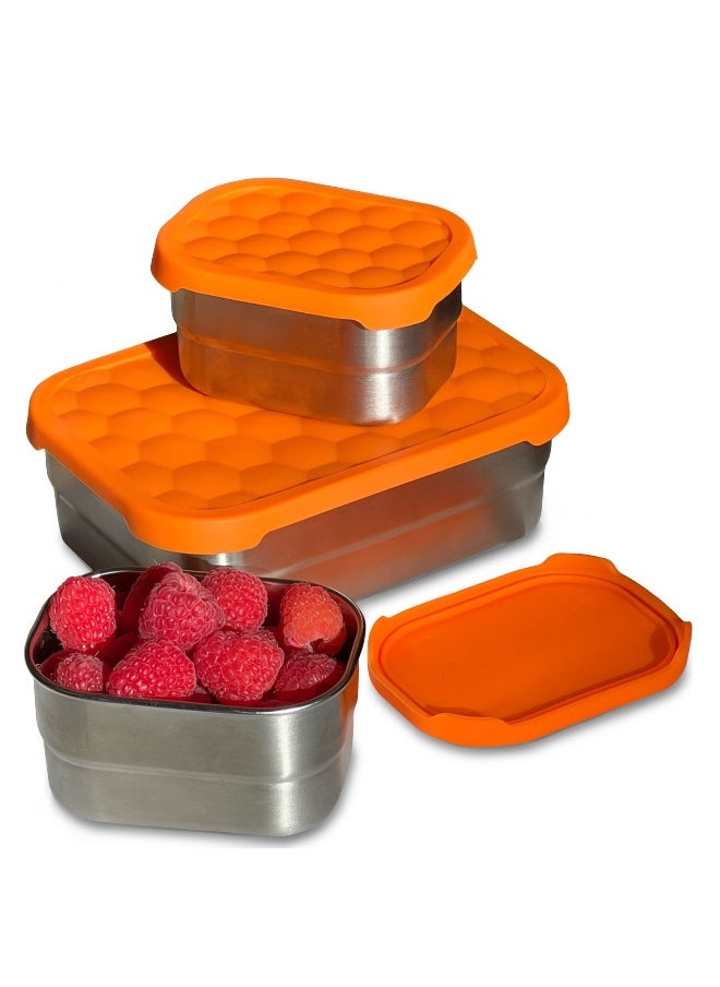 Stainless Steel Food Containers with Lids Set of 3 (24.34 oz, 8 oz, 8 oz) - Metal Snack Container for Kids -  Lunch Box with Silicone Lids Sandwich Containers-Premium Leakproof Bento Box Storage