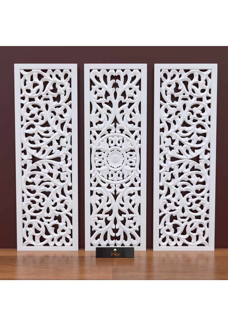 Premium Wooden Decoration Hand Carved 3 Wall Panel (MDF Wood, White)